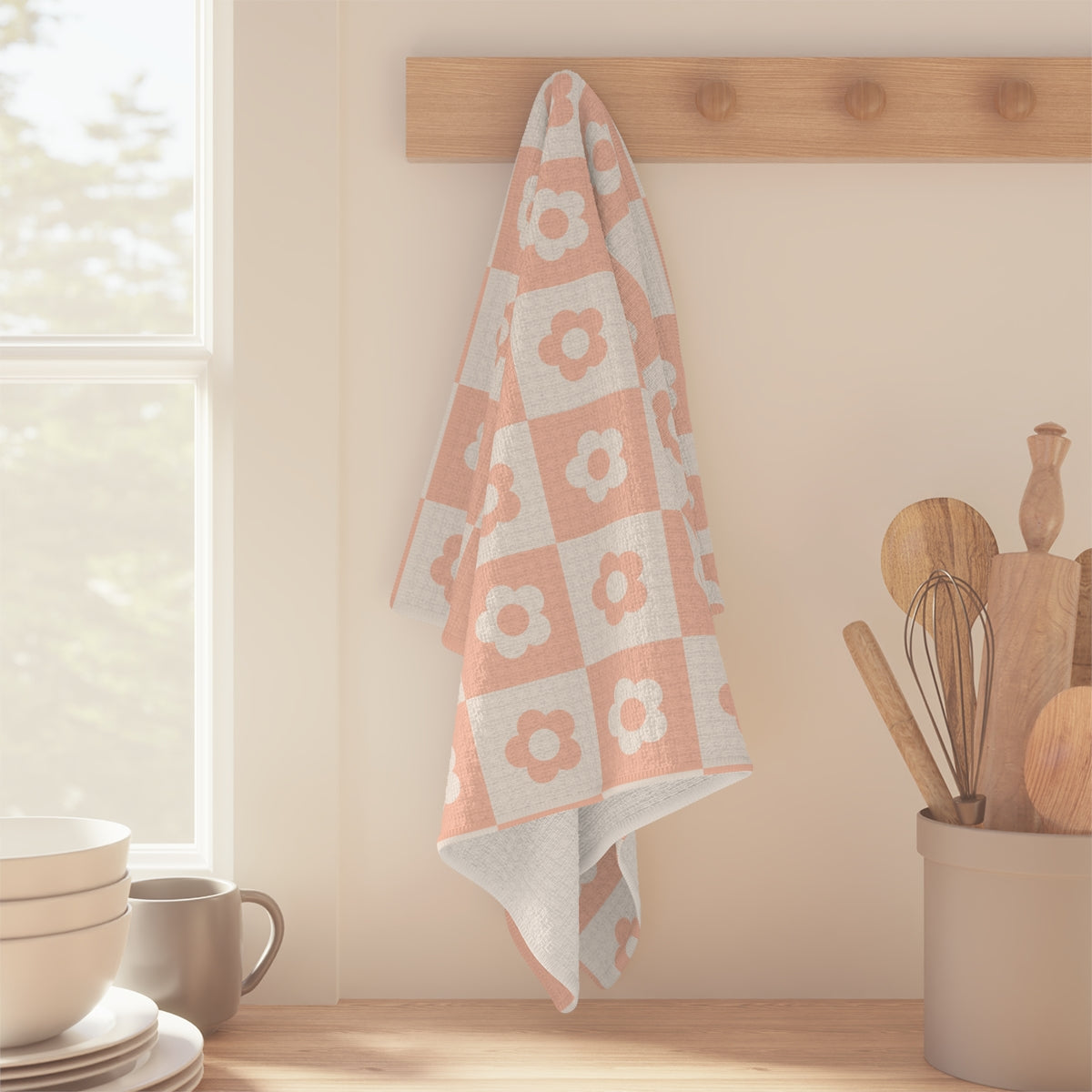 Pink Floral Check Tea Towel